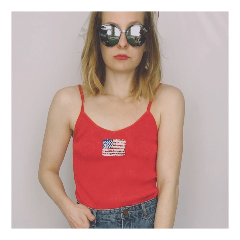 American Flag Red Ribbed Crop Top Vintage Retro